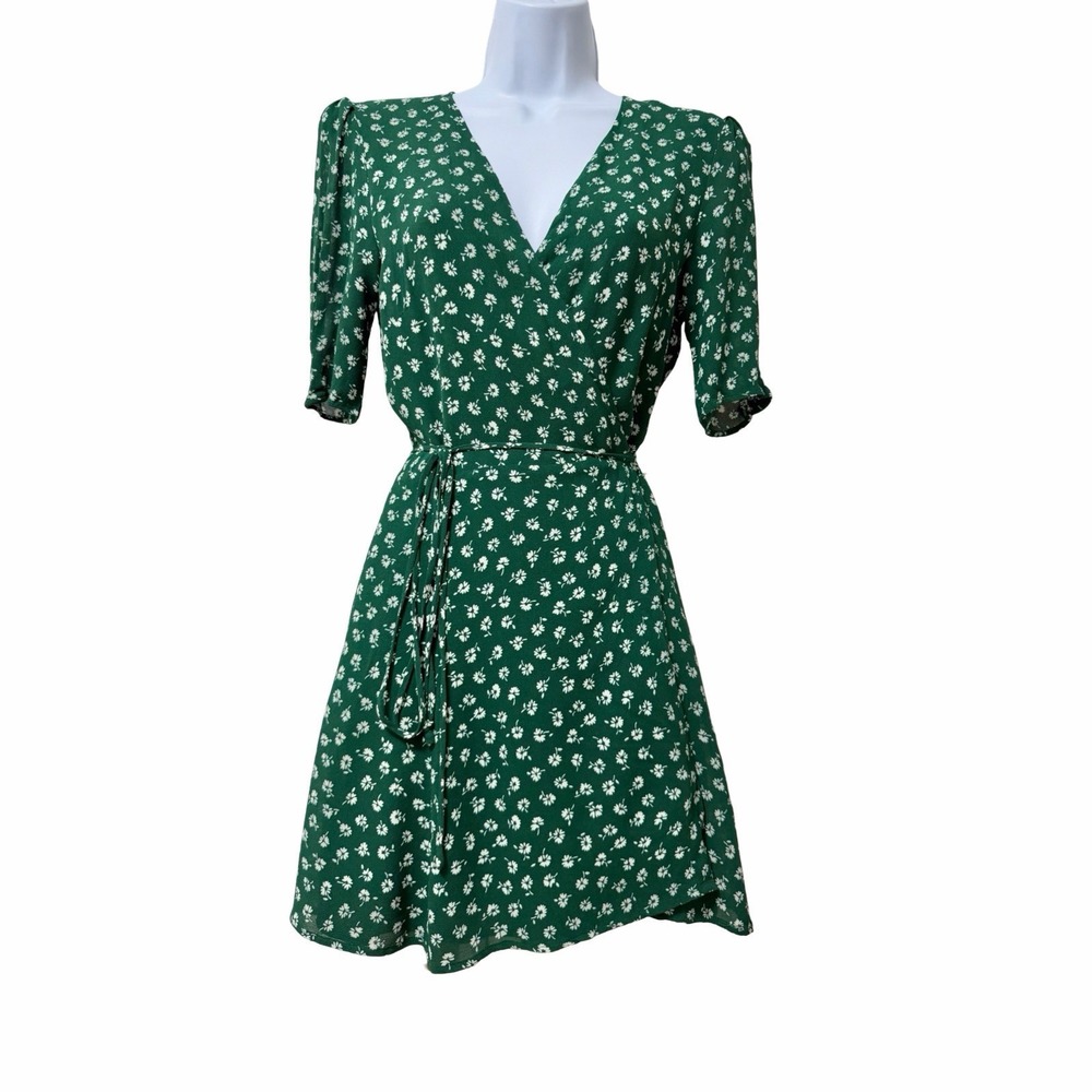 REFORMATION Ditsy Floral Lucky Mini Wrap Dress Size XS Chive Green White Cottage